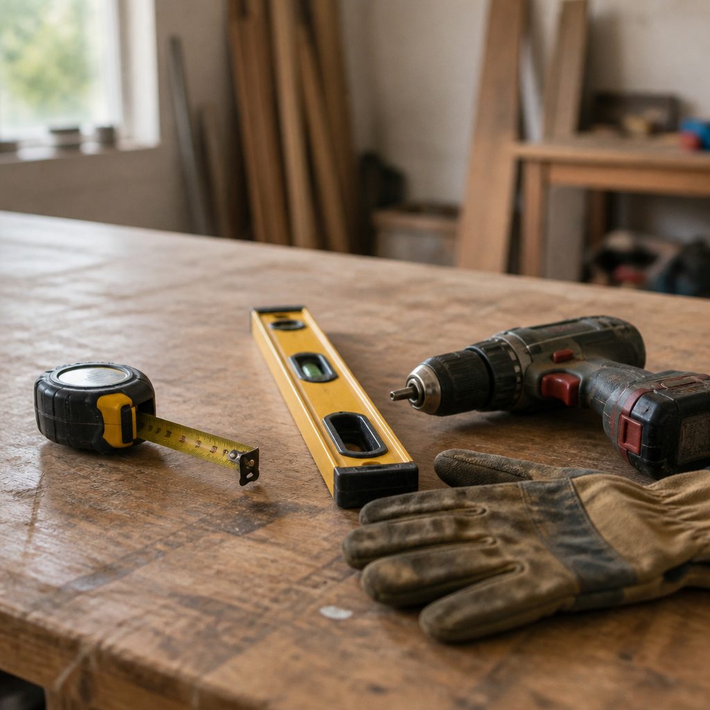 Tape measure, spirit level, cordless drill and a pair of work gloves laid out on a scuffed timber workbench