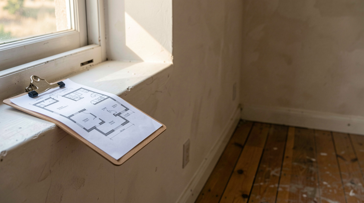 A surveyor's clipboard with a floor plan resting on a windowsill inside an empty room, morning light falling across bare plaster walls and a wooden floor.