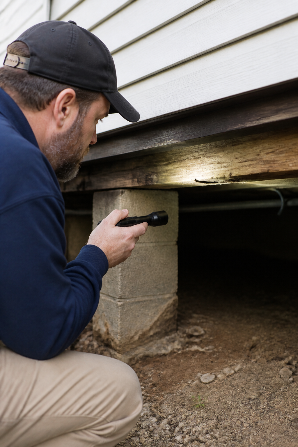 Inspector holding a flashlight against the sill plate of a crawl space, looking for mud tubes and insect damage in the timber