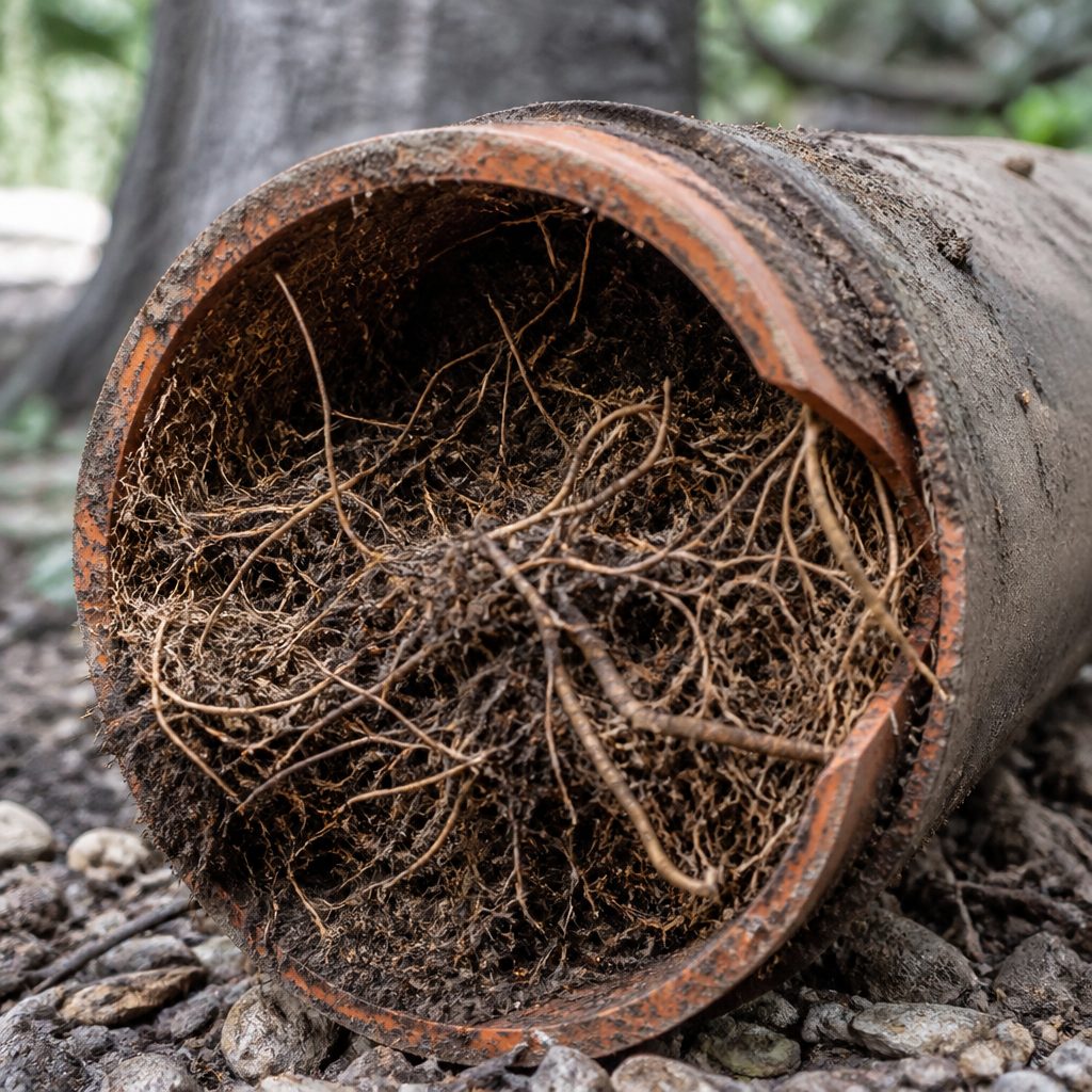 Section of cut clay sewer pipe opened to show a dense mass of fine tree roots growing in through the joint